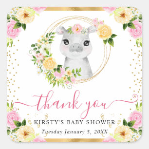 Watercolor Cute Jungle Hippo Floral Baby Shower Square Sticker