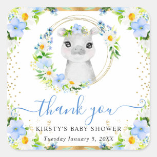 Watercolor Cute Jungle Hippo Floral Baby Shower Square Sticker