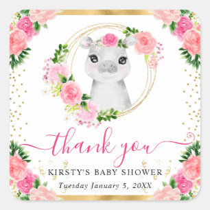 Watercolor Cute Jungle Hippo Floral Baby Shower Square Sticker