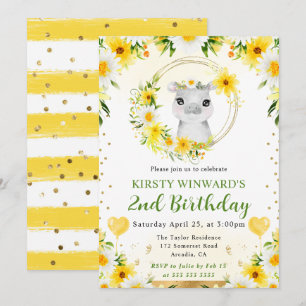 Watercolor Cute Jungle Hippo Kids Birthday Invitation