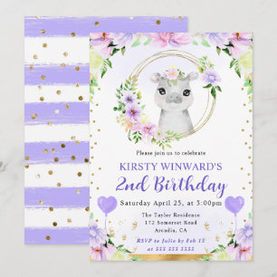 Watercolor Cute Jungle Hippo Kids Birthday Invitation