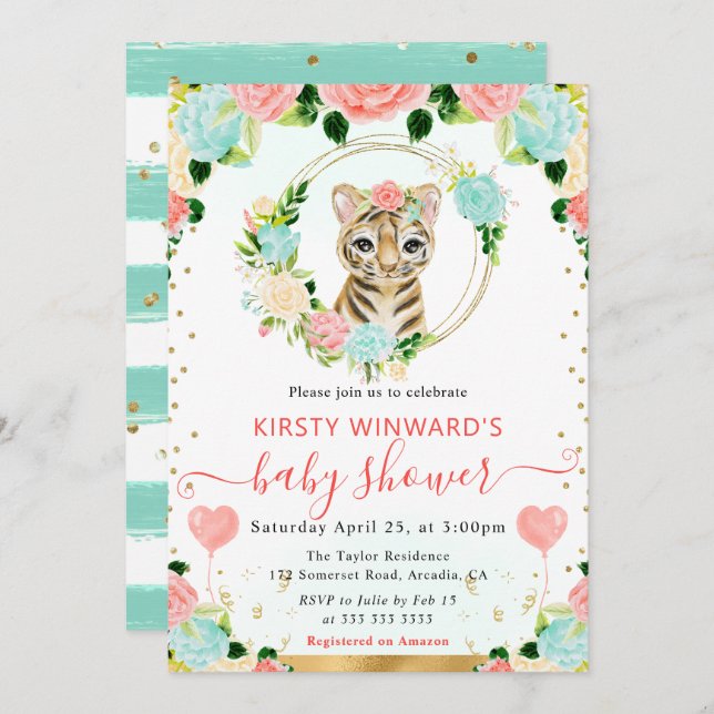 Watercolor Cute Jungle Tiger Baby Shower Invitation (Front/Back)