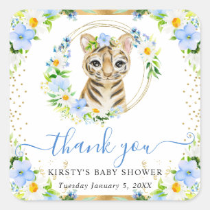 Watercolor Cute Jungle Tiger Floral Baby Shower Square Sticker