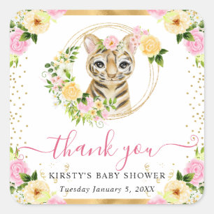 Watercolor Cute Jungle Tiger Floral Baby Shower Square Sticker