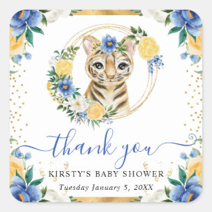 Watercolor Cute Jungle Tiger Floral Baby Shower Square Sticker