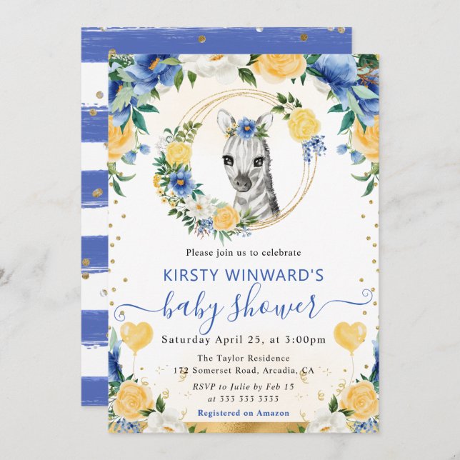 Watercolor Cute Jungle Zebra Baby Shower Invitation (Front/Back)