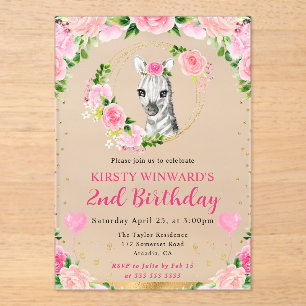 Watercolor Cute Jungle Zebra Kids Birthday Acrylic Invitations