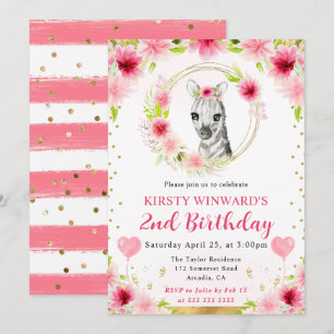 Watercolor Cute Jungle Zebra  Kids Birthday Invitation