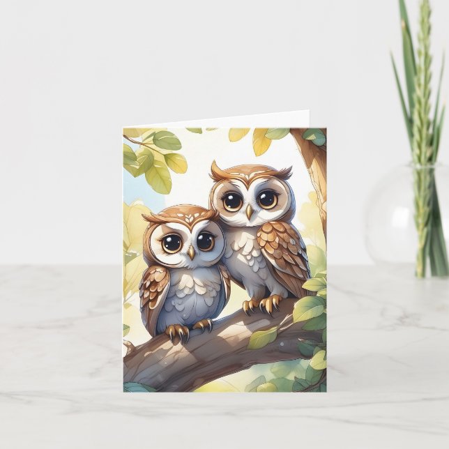 Watercolor Cute Kawaii Chibi Owls Blank Greeting  Card (Front)