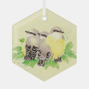 Watercolor Cute Kingbird Bird Family Wildlife Art Glass Tree Decoration