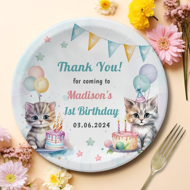 Watercolor Cute Kitty Cat 1st Birthday Paper Plate (Creator Uploaded)