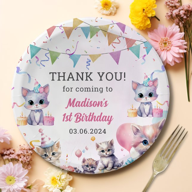 Watercolor Cute Kitty Cat 1st Birthday Paper Plate (Creator Uploaded)