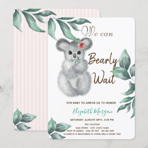 Watercolor Cute Koala Pink Striped Baby Shower  Invitation