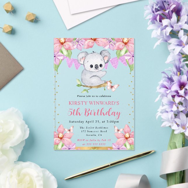 Watercolor Cute Koala & Tropical Flowers Birthday Acrylic Invitations (Insitu (Wedding))