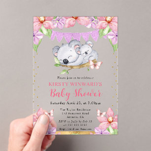 Watercolor Cute Koalas & Flowers Baby Shower Acrylic Invitations