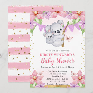 Watercolor Cute Koalas & Flowers Baby Shower Invitation