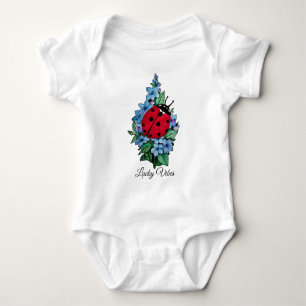 Watercolor Cute Ladybird With Blue Wild Flowers Baby Bodysuit