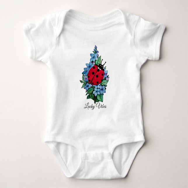 Watercolor Cute Ladybird With Blue Wild Flowers Baby Bodysuit (Front)