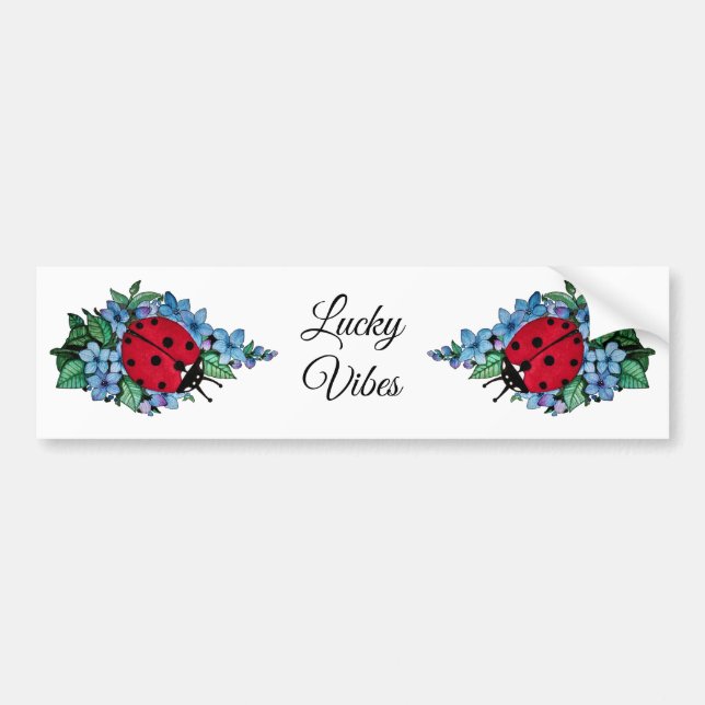 Watercolor Cute Ladybird With Blue Wild Flowers Bumper Sticker (Front)