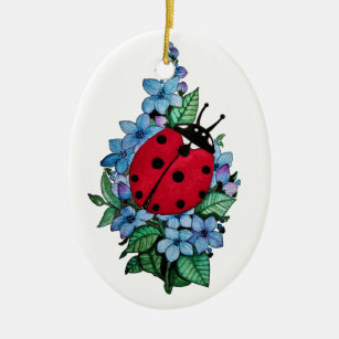 Watercolor Cute Ladybird With Blue Wild Flowers Ceramic Ornament