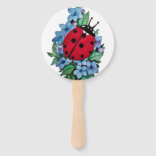 Watercolor Cute Ladybird With Blue Wild Flowers Hand Fan
