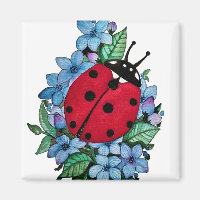 Watercolor Cute Ladybird With Blue Wild Flowers