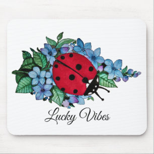Watercolor Cute Ladybird With Blue Wild Flowers Mouse Pad