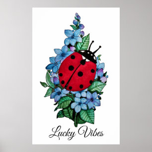 Watercolor Cute Ladybird With Blue Wild Flowers Poster