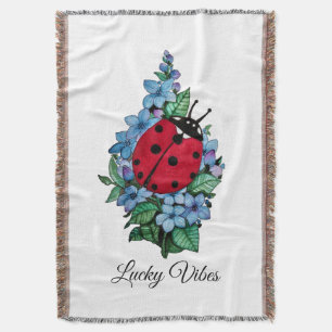 Watercolor Cute Ladybird With Blue Wild Flowers Throw Blanket