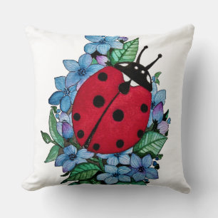 Watercolor Cute Ladybug With Blue Wild Flowers Cushion