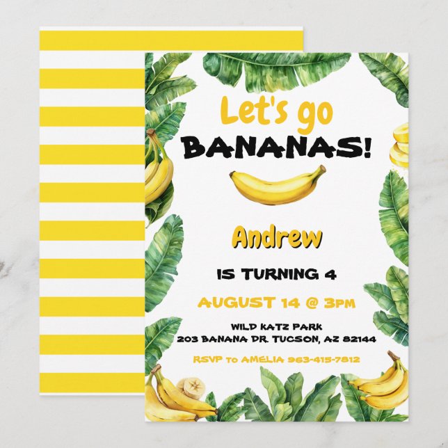Watercolor Cute Let's Go Bananas Birthday Invitation (Front/Back)