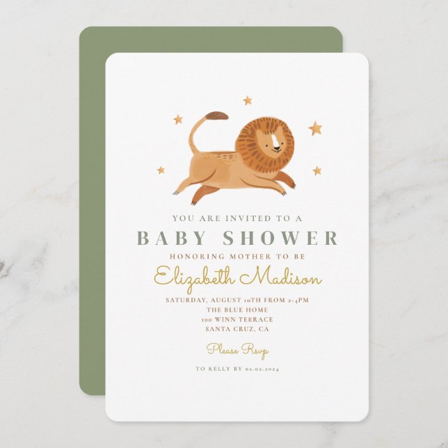 Watercolor Cute Lion King Baby Shower Invitation (Front/Back)