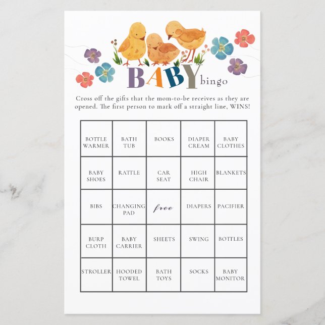Watercolor Cute Little Chicken Baby Shower Bingo (Front)