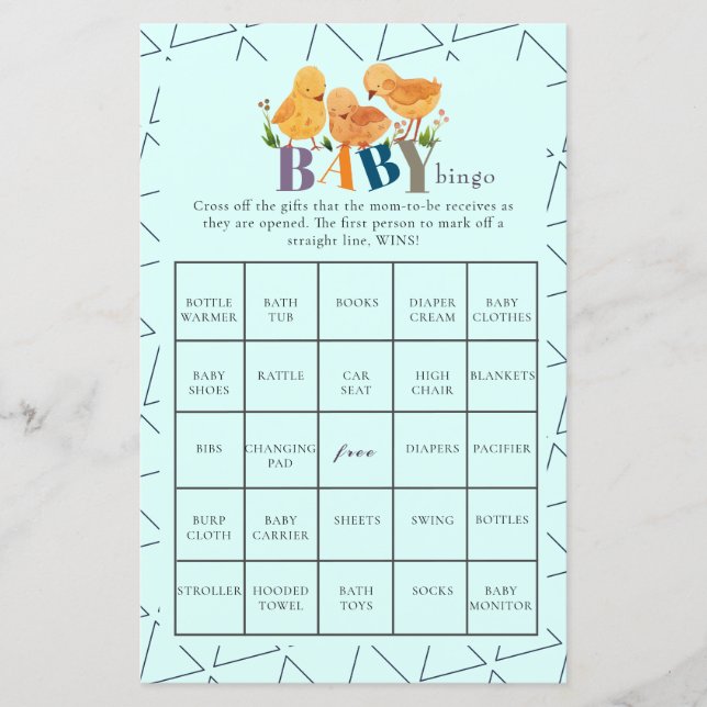 Watercolor Cute Little Chicken Baby Shower Bingo (Front)