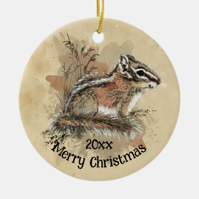 Watercolor Cute Little Chipmunk Animal Wildlife  Ceramic Ornament (Front)