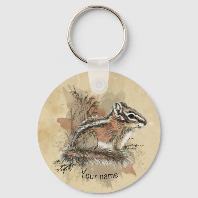 Watercolor Cute Little Chipmunk Animal Wildlife   Key Ring (Front)