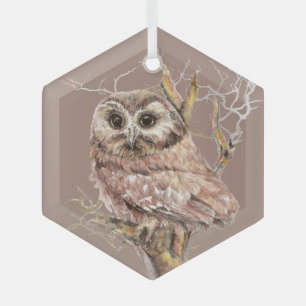 Watercolor Cute Little Owl Bird  in Tree Glass Tree Decoration
