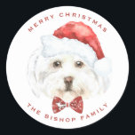Watercolor Cute Maltese Santa Merry Christmas Classic Round Sticker<br><div class="desc">Merry Christmas | Add a festive accent to your gifts and envelopes with this customisable Christmas sticker. It features a watercolour Maltese dog eating a bow tie and Santa hat. Personalise by adding your own details. This custom dog Christmas sticker will be perfect as a Christmas envelope seal. Matching items...</div>