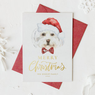 Watercolor Cute Maltese Santa Merry Christmas Foil Holiday Card