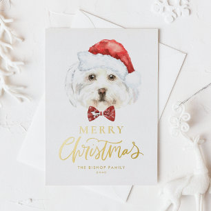 Watercolor Cute Maltese Santa Merry Christmas Foil Holiday Postcard