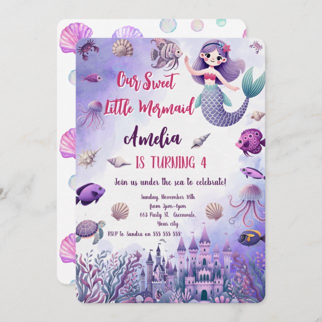 Watercolor Cute Mermaid Under the Sea Birthday Invitation (Front/Back)