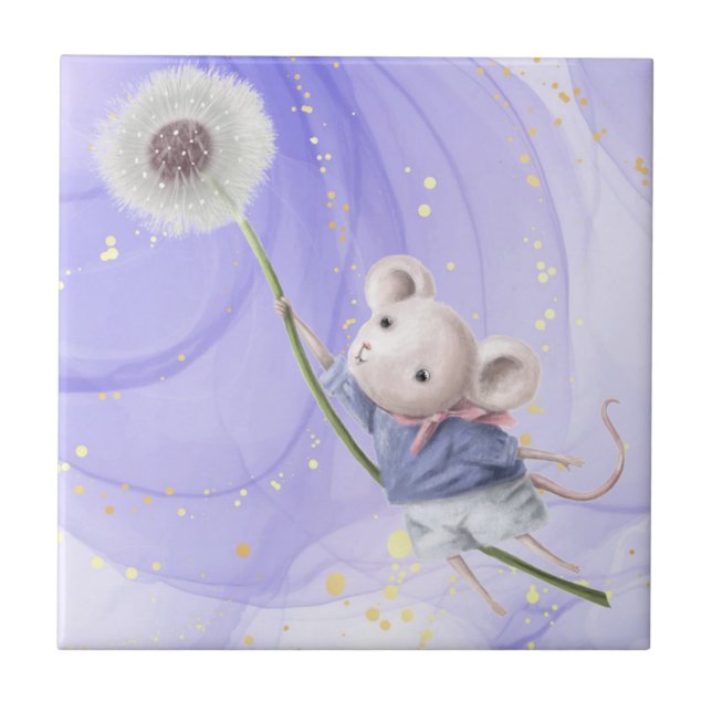 Watercolor Cute Mouse Flying Dandelion Art Ceramic Tile (Front)