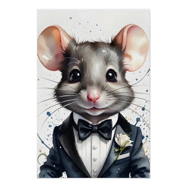 Watercolor Cute Mouse Tuxedo Black Bow Tie Flower Poster (Front)