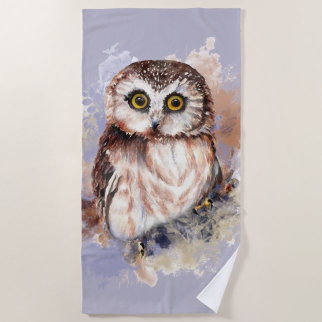 Watercolor Cute Owl Bird Nature Wildlife Art Beach Towel (Front)