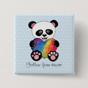 Watercolor Cute Panda With Rainbow Heart 15 Cm Square Badge