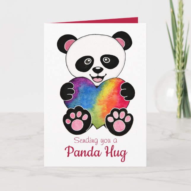 Watercolor Cute Panda With Rainbow Heart Card (Front)
