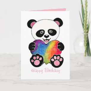 Watercolor Cute Panda With Rainbow Heart Card