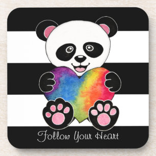 Watercolor Cute Panda With Rainbow Heart Coaster