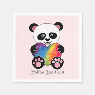 Watercolor Cute Panda With Rainbow Heart Napkin