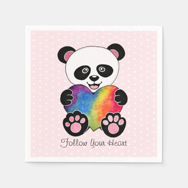 Watercolor Cute Panda With Rainbow Heart Napkin (Front)